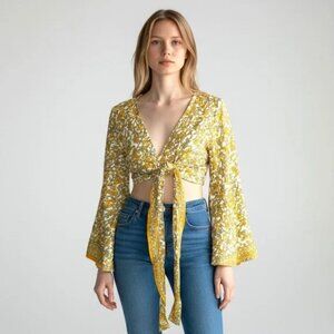 Boho Floral Tie Front Crop Top Bell Sleeve Mustard Yellow Festival Blouse